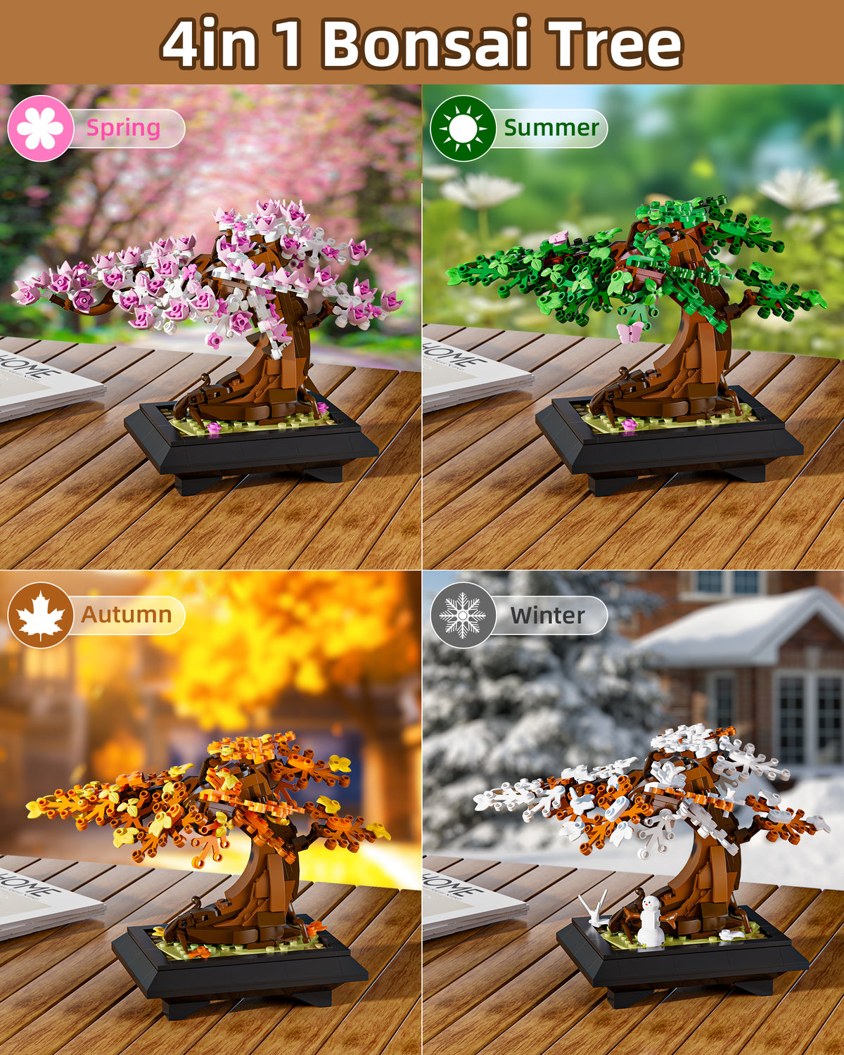 Four Seasons Bonsai Tree Building Set | 531-Piece 4-in-1 Display Model