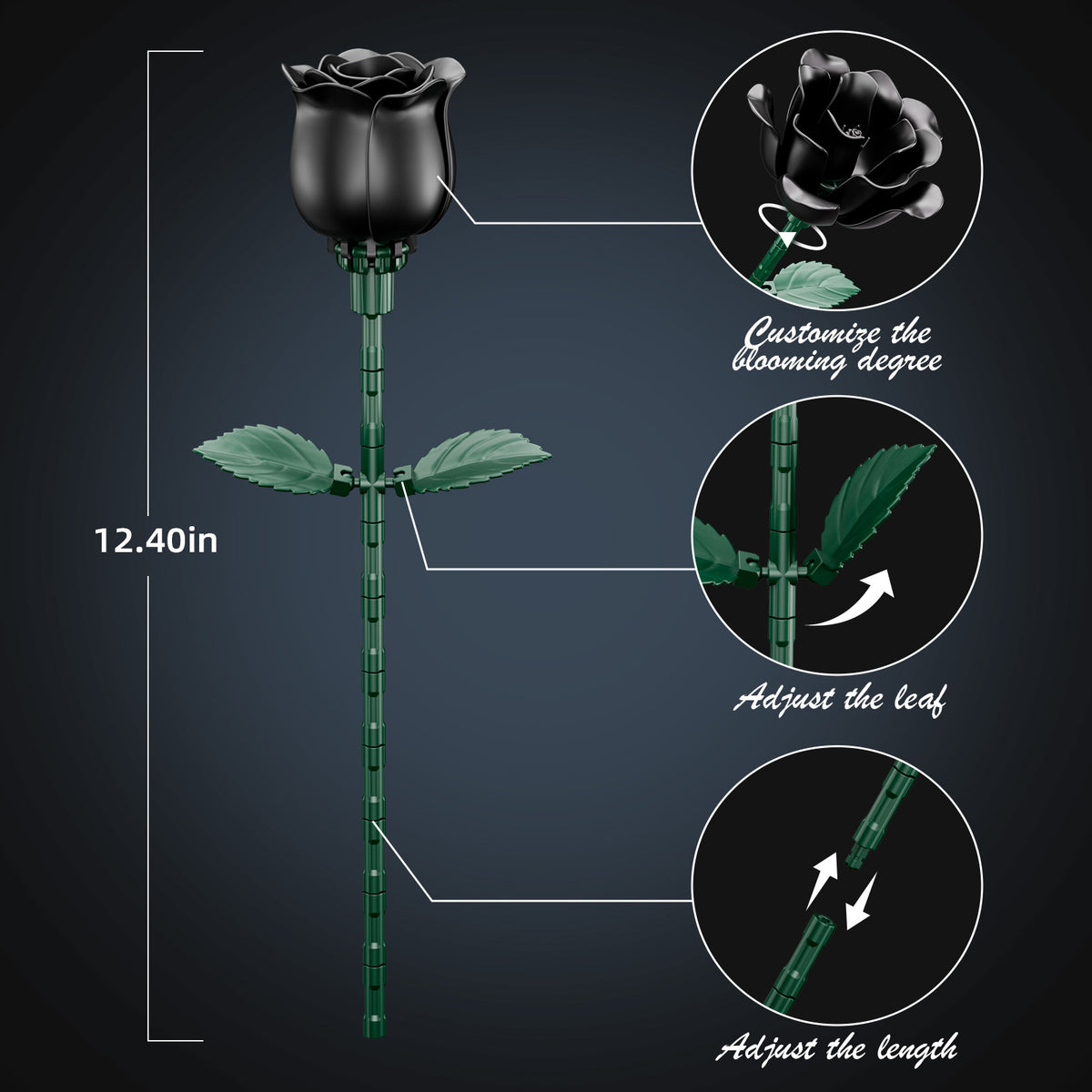 Black Rose Bouquet Building Set | 12 Roses, 528 Pieces