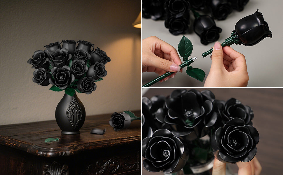 Black Rose Bouquet Building Set | 12 Roses, 528 Pieces
